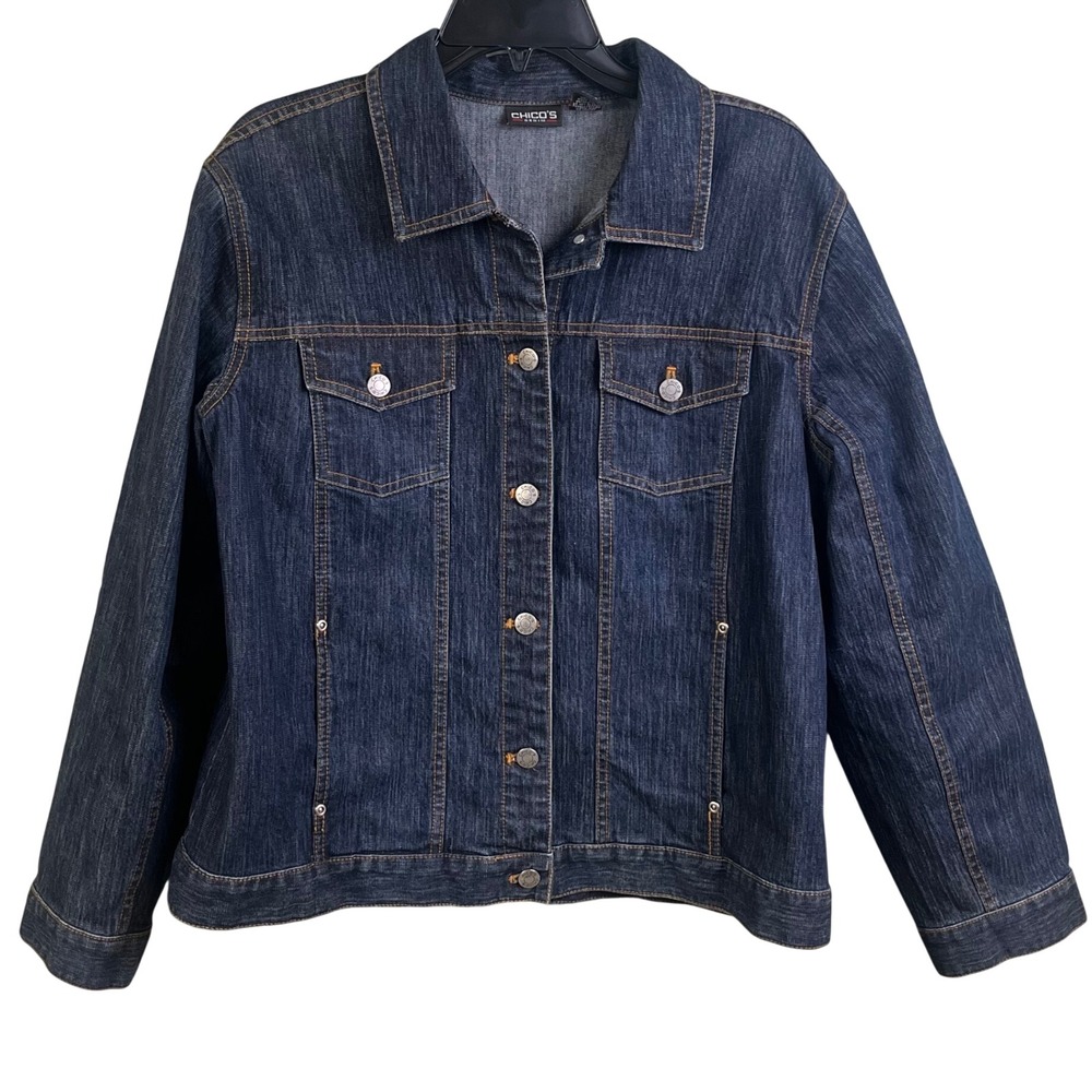 Chico's Dark Blue Denim Jean Trucker Biker Stretch Jacket Western 2 (12-14)
